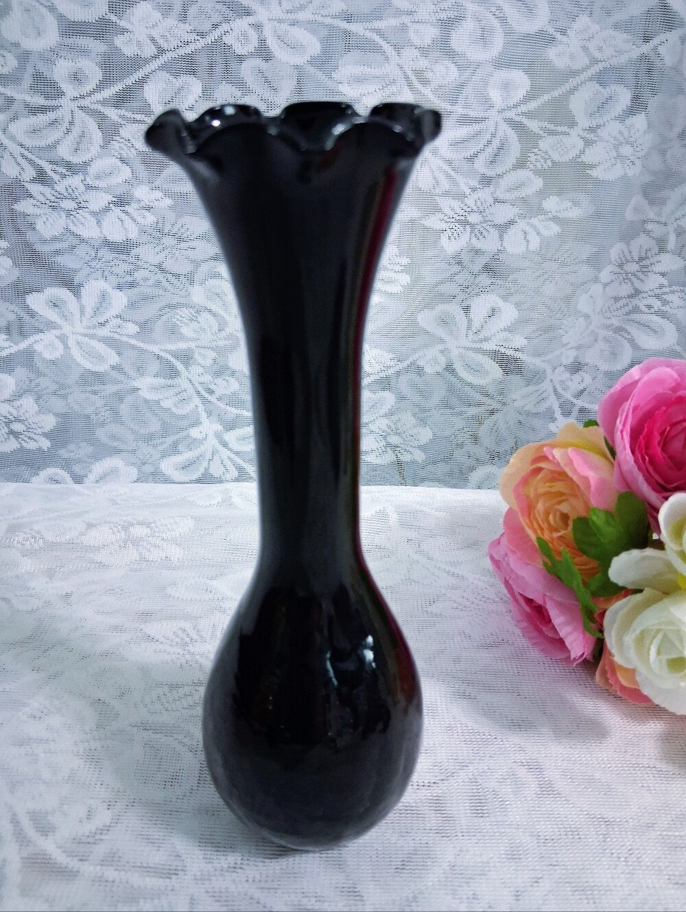 Vintage Rare Black Amethyst Crackle Glass Vase with Ruffle Top 7.75"